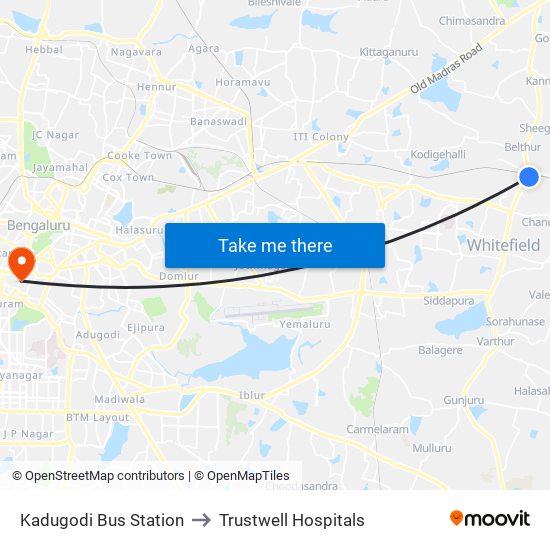 Kadugodi Bus Station to Trustwell Hospitals map