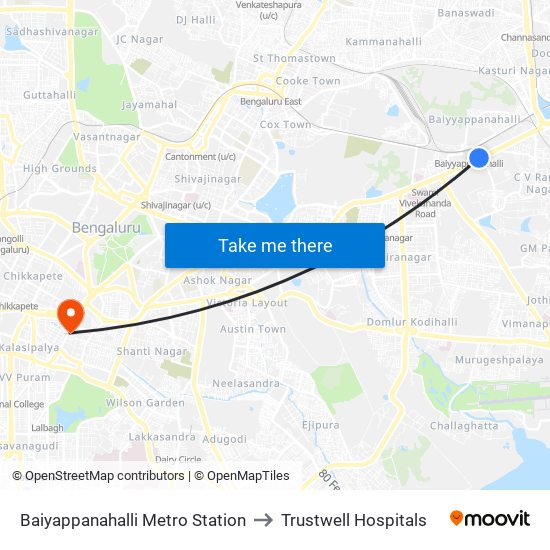 Baiyappanahalli Metro Station to Trustwell Hospitals map