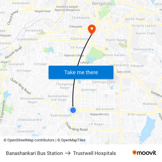 Banashankari Bus Station to Trustwell Hospitals map
