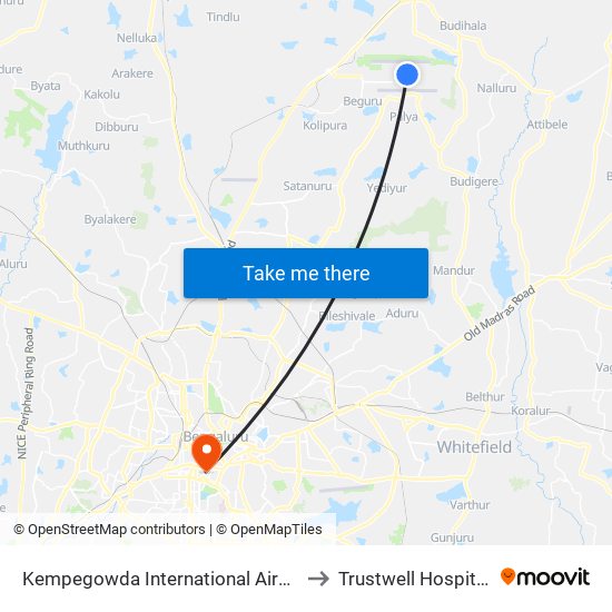 Kempegowda International Airport to Trustwell Hospitals map