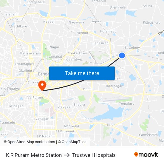 K.R.Puram Metro Station to Trustwell Hospitals map