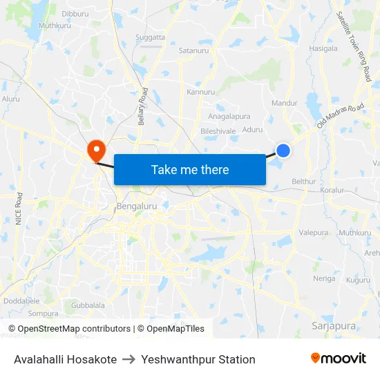 Avalahalli Hosakote to Yeshwanthpur Station map