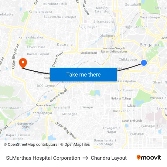 St.Marthas Hospital Corporation to Chandra Layout map