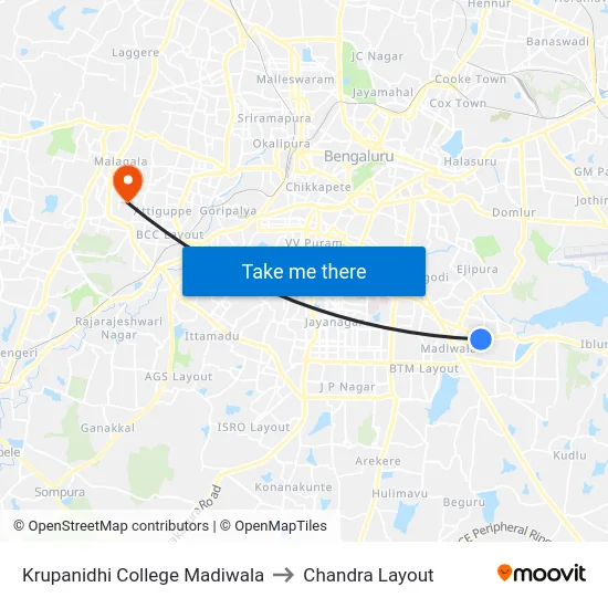 Krupanidhi College Madiwala to Chandra Layout map