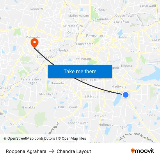 Roopena Agrahara to Chandra Layout map