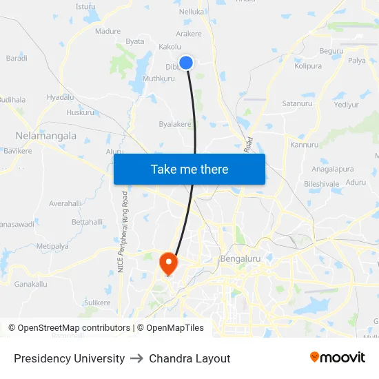Presidency University to Chandra Layout map