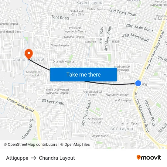 Attiguppe to Chandra Layout map