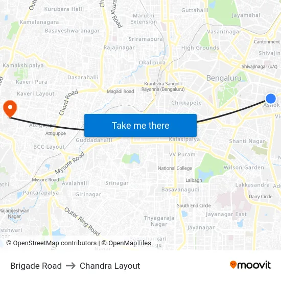 Brigade Road to Chandra Layout map
