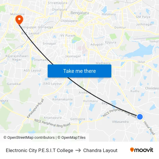 Electronic City P.E.S.I.T College to Chandra Layout map