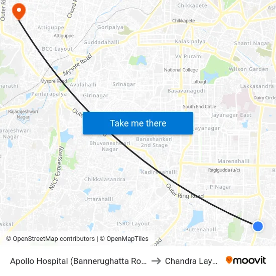 Apollo Hospital (Bannerughatta Road) to Chandra Layout map