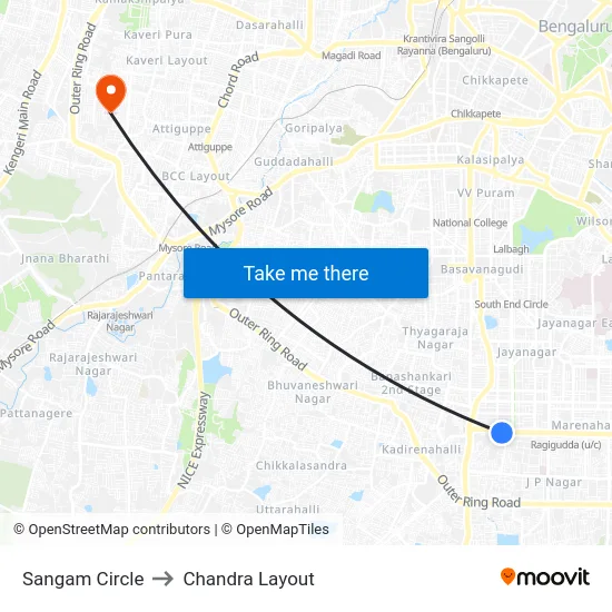 Sangam Circle to Chandra Layout map