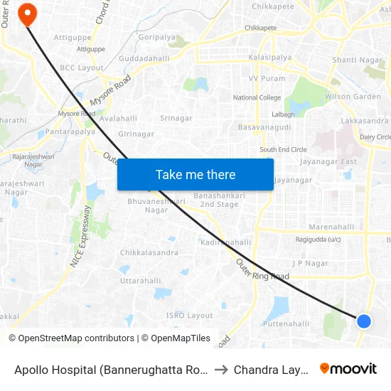 Apollo Hospital (Bannerughatta Road) to Chandra Layout map