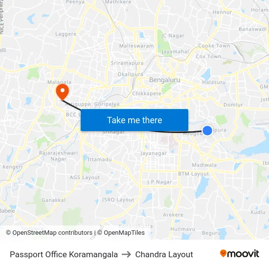 Passport Office Koramangala to Chandra Layout map