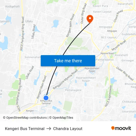 Kengeri Bus Terminal to Chandra Layout map