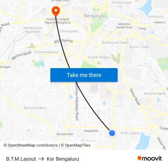 B.T.M.Layout to Ksr Bengaluru map
