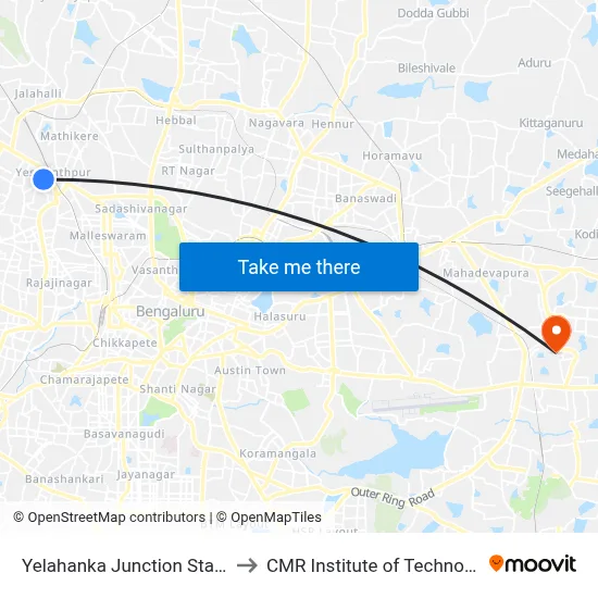 Yelahanka Junction Station to CMR Institute of Technology map