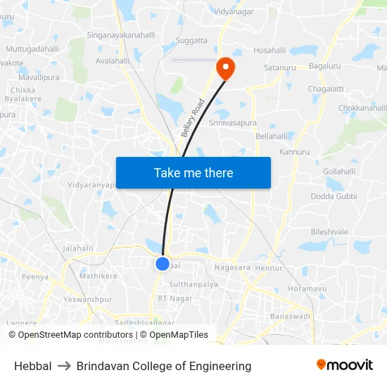 Hebbal to Brindavan College of Engineering map