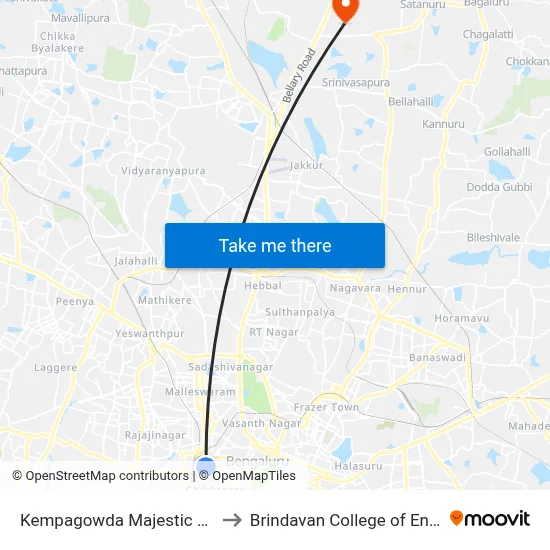 Kempagowda Majestic Bus stand to Brindavan College of Engineering map