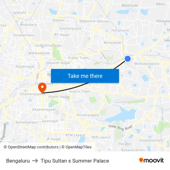Bengaluru to Tipu Sultan s Summer Palace map