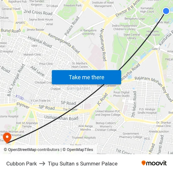 Cubbon Park to Tipu Sultan s Summer Palace map