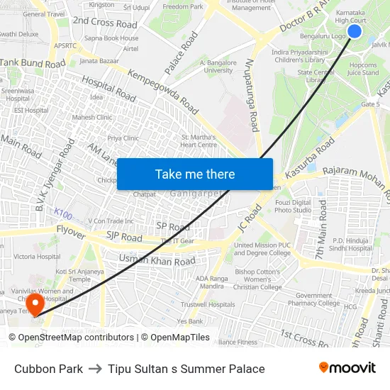कुब्बन पार्क to टीपू सुल्तान का ग्रीष्म महल map