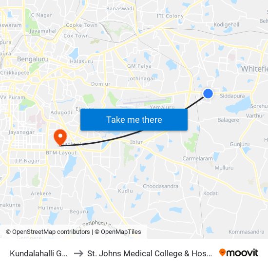 Kundalahalli Gate to St. Johns Medical College & Hospital map