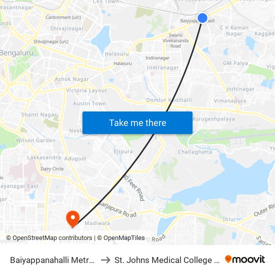 Baiyappanahalli Metro Station to St. Johns Medical College & Hospital map