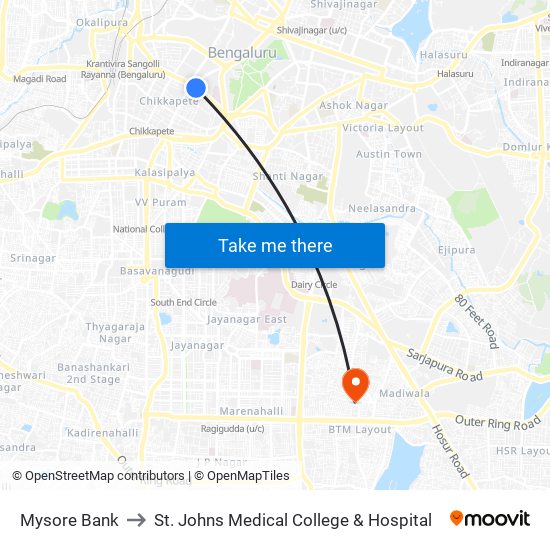 Mysore Bank to St. Johns Medical College & Hospital map