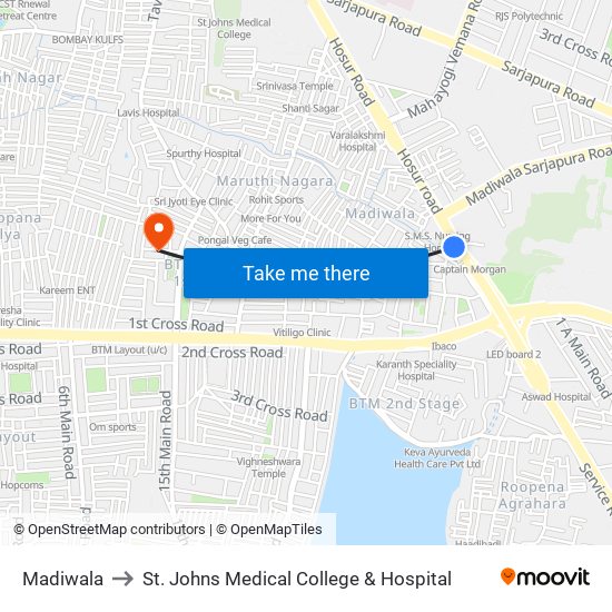 Madiwala to St. Johns Medical College & Hospital map