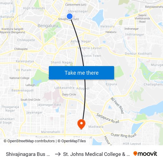 Shivajinagara Bus Station to St. Johns Medical College & Hospital map