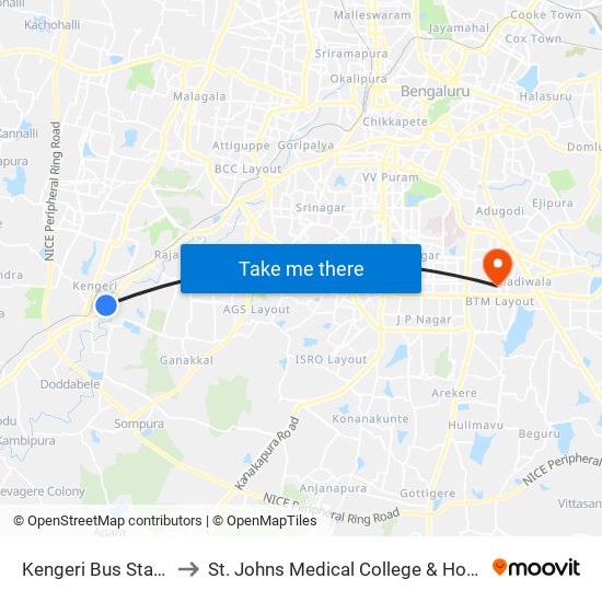 Kengeri Bus Station to St. Johns Medical College & Hospital map