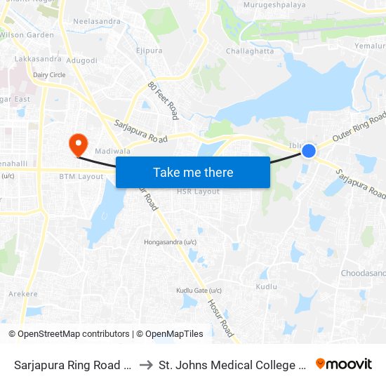 Sarjapura Ring Road Junction to St. Johns Medical College & Hospital map