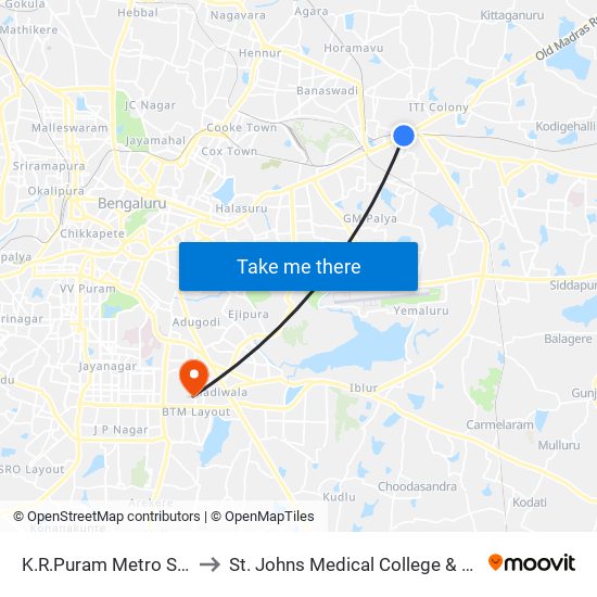 K.R.Puram Metro Station to St. Johns Medical College & Hospital map
