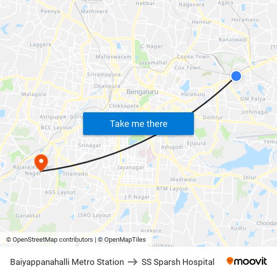 Baiyappanahalli Metro Station to SS Sparsh Hospital map