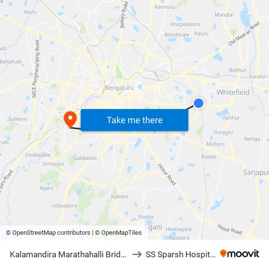 Kalamandira  Marathahalli Bridge to SS Sparsh Hospital map