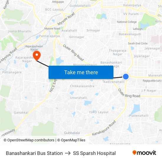 Banashankari Bus Station to SS Sparsh Hospital map