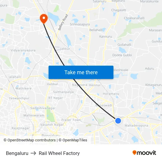 Bengaluru to Rail Wheel Factory map