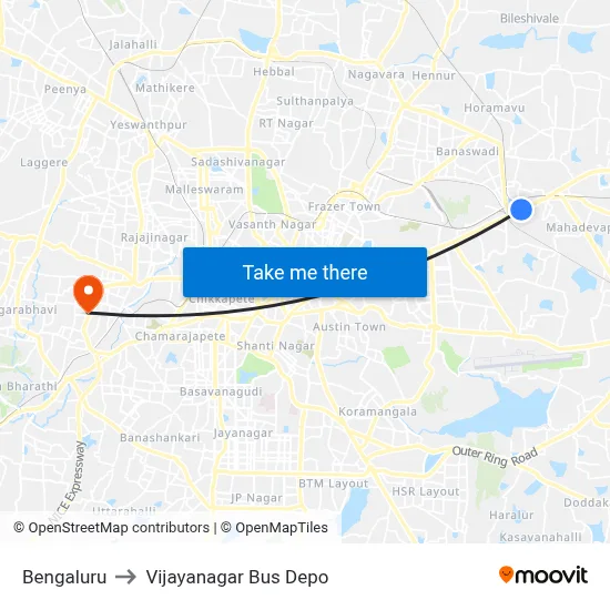 Bengaluru to Vijayanagar Bus Depo map