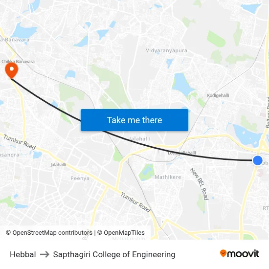Hebbal to Sapthagiri College of Engineering map
