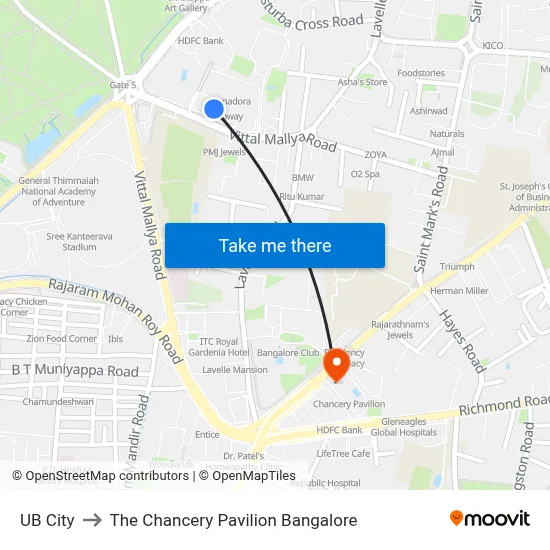 UB City to The Chancery Pavilion Bangalore map