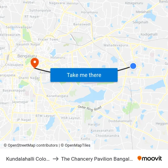 Kundalahalli Colony to The Chancery Pavilion Bangalore map