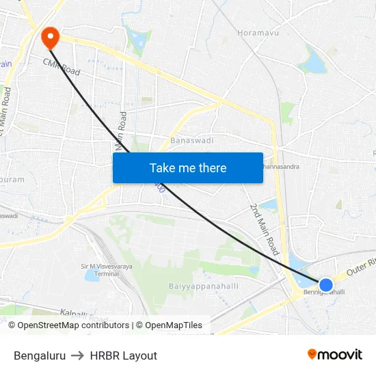 Bengaluru to HRBR Layout map