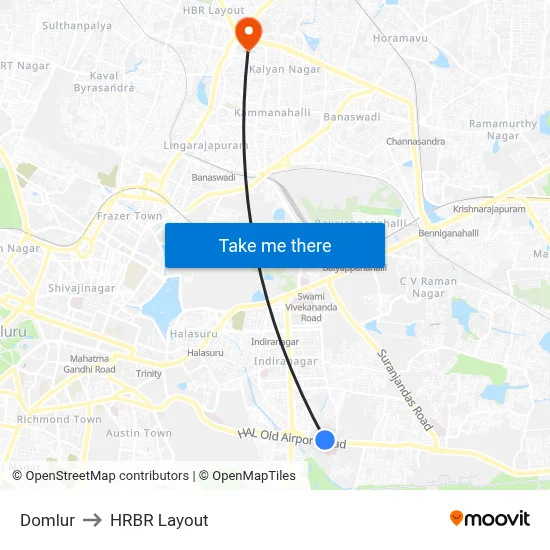Domlur to HRBR Layout map