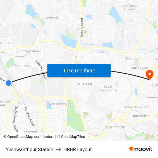 Yeshwanthpur Station to HRBR Layout map