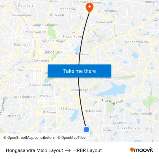 Hongasandra Mico Layout to HRBR Layout map