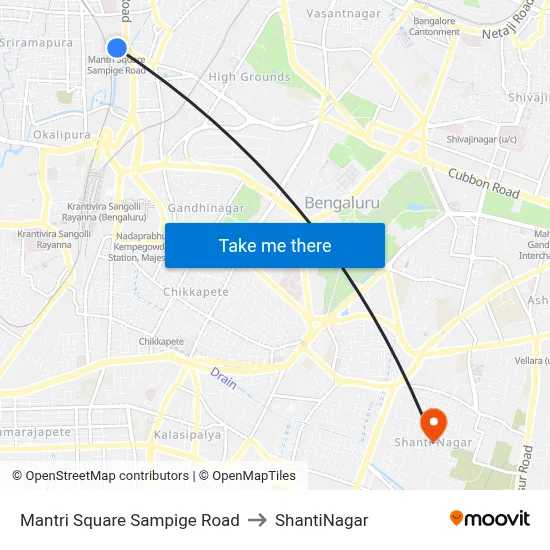 Mantri Square Sampige Road to ShantiNagar map