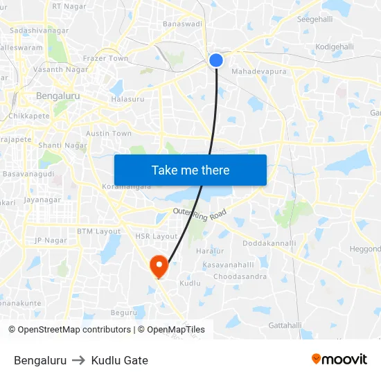 Bengaluru to Kudlu Gate map