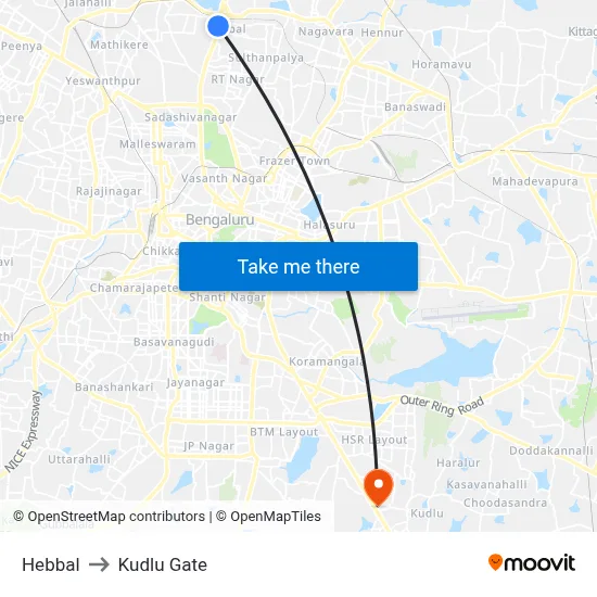 Hebbal to Kudlu Gate map