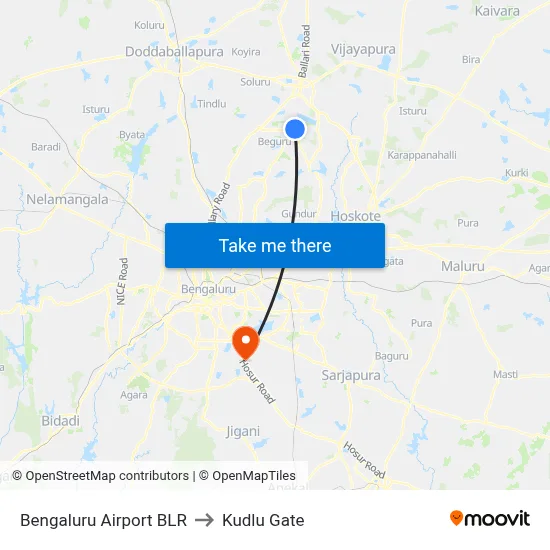 बेंगलुरु हवाई अड्डा बीएलआर to कुद्लु गेट map