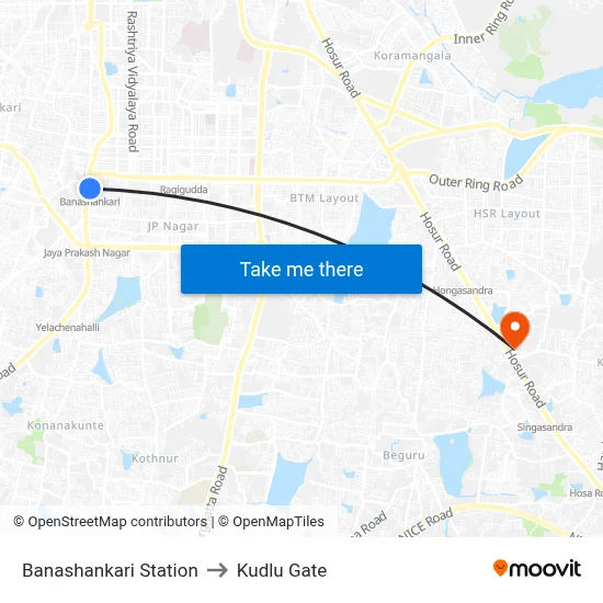 Banashankari Station to Kudlu Gate map